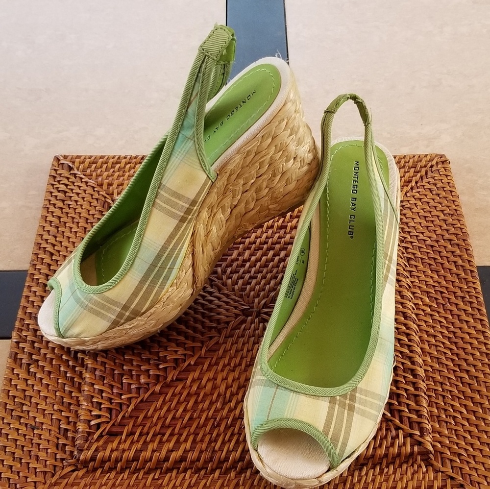 Green plaid wedge sandal